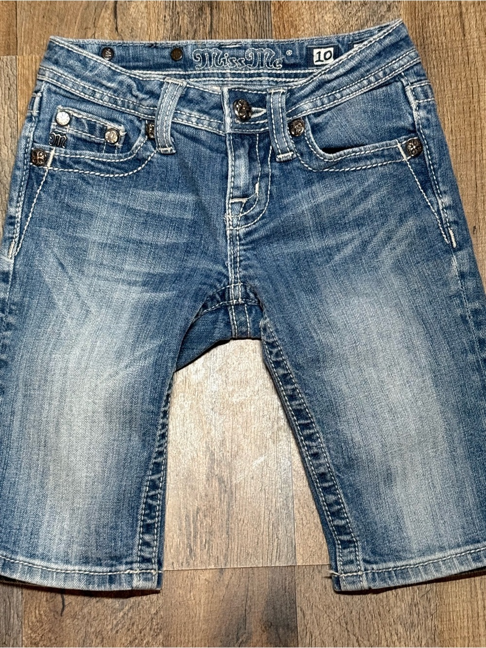 Miss Me Girls Cross Wing Rhinestone Bermuda Denim Shorts | •Size 10•